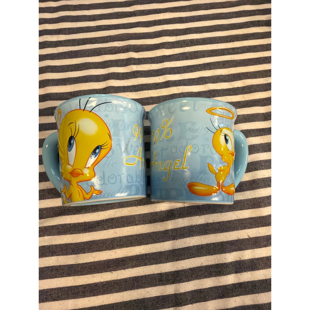 Vintage Tweety Bird 99% Angel Blue Ceramic Mug Set Looney Tunes Houston Harvest